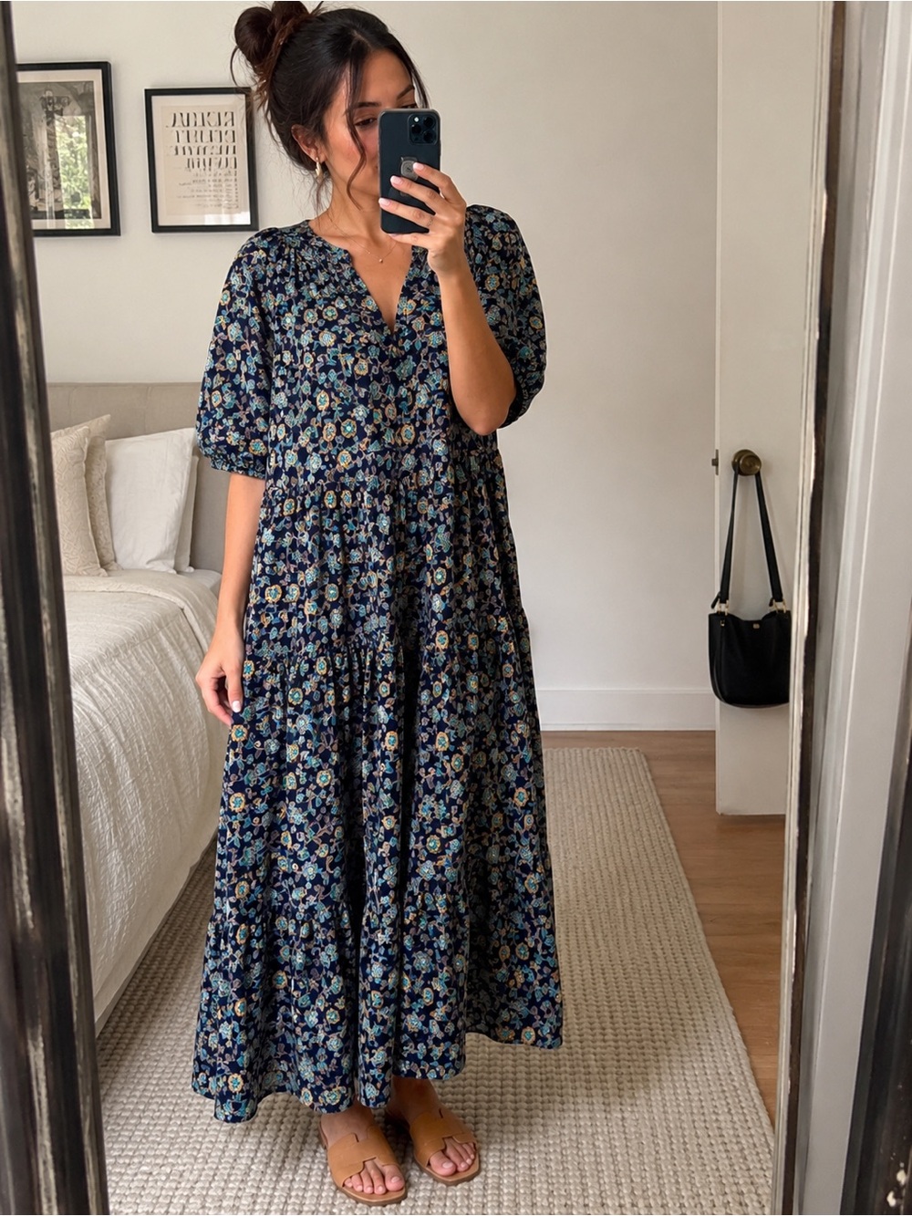 Pinch Floral Puff Sleeve Midi Dress Navy Blue Size XXL